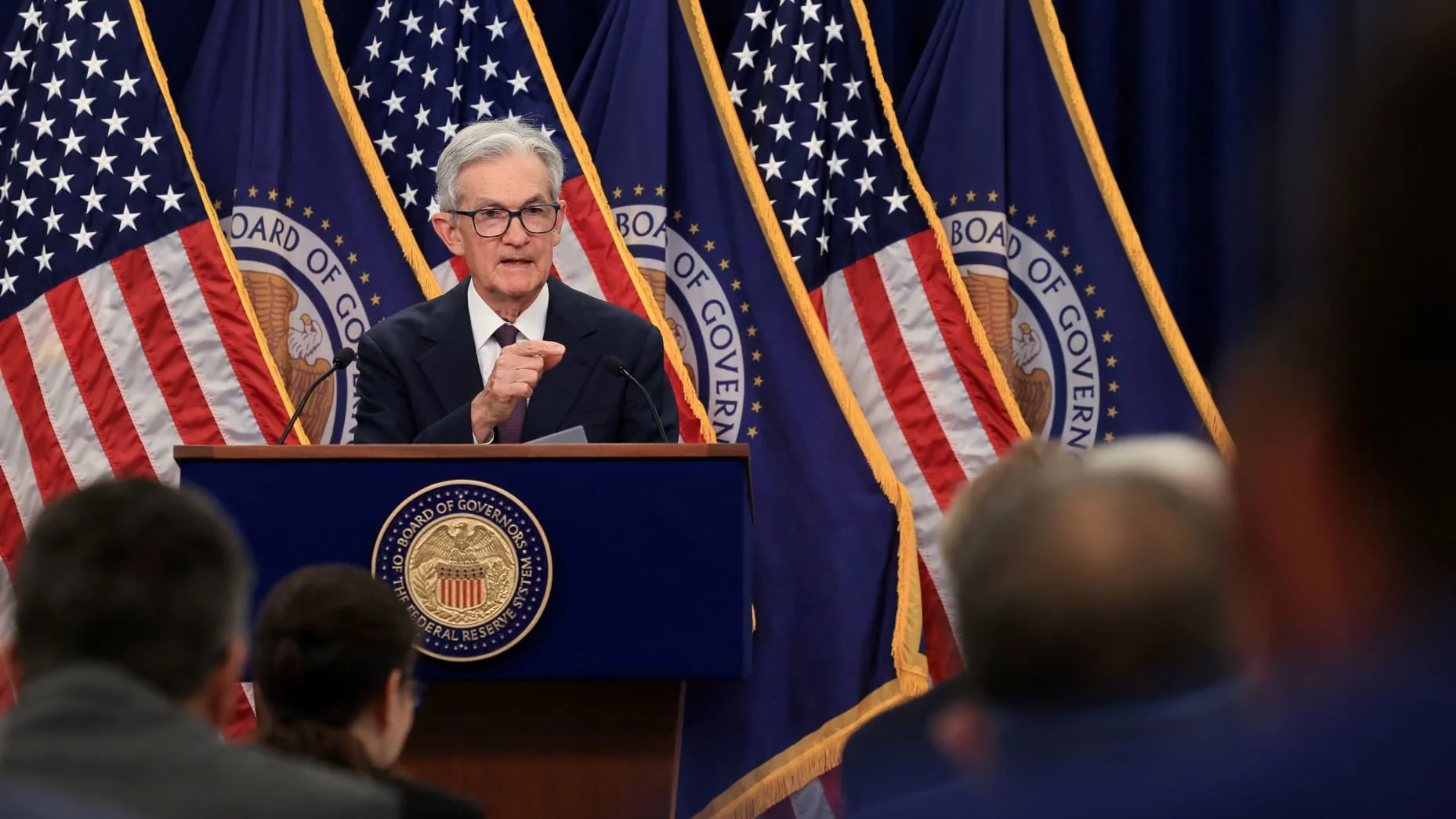 U.S. Federal Reserve Chair Jerome Powell attends a press conference following the issuance of the Federal Open Market Committee